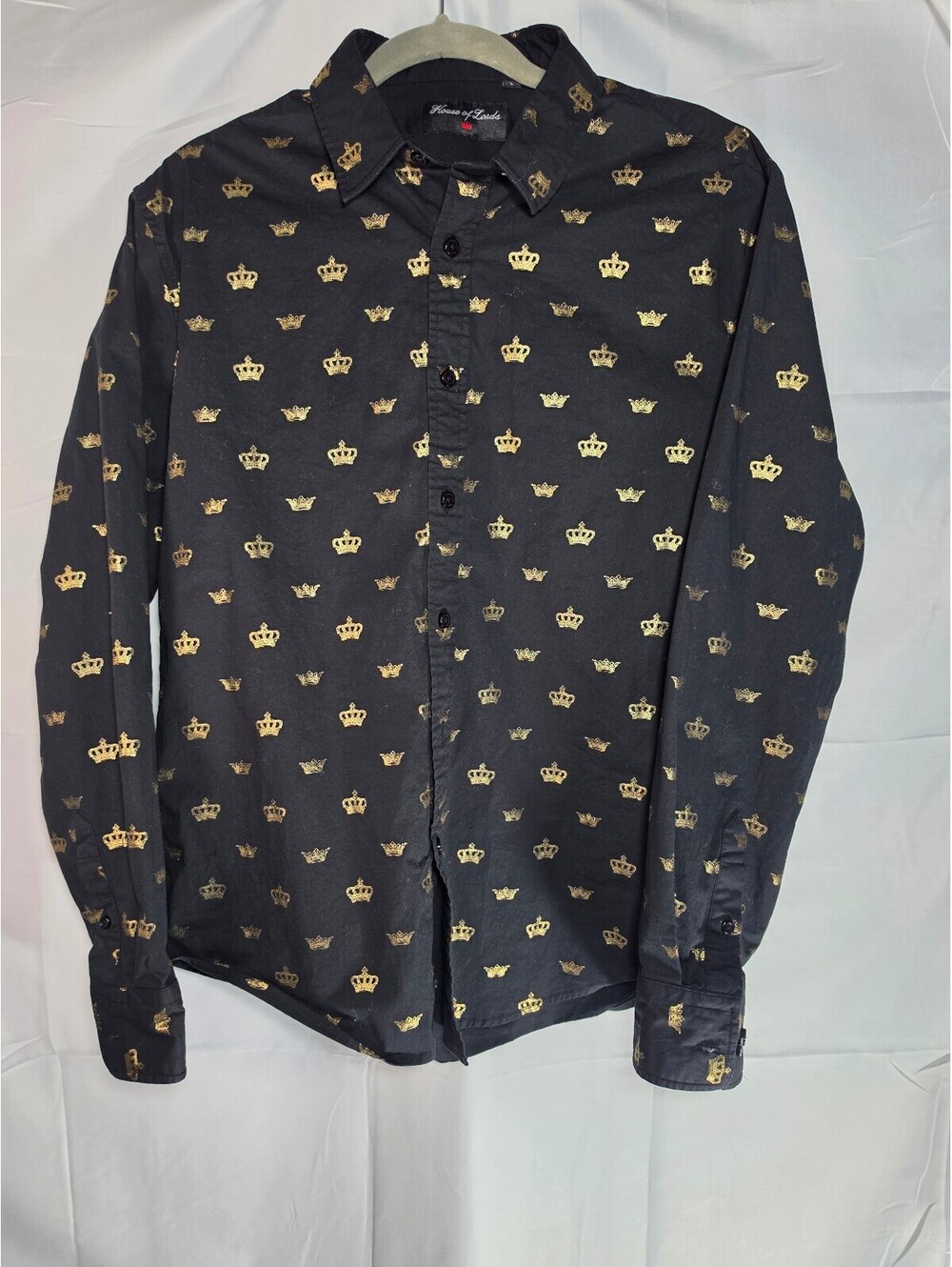 House of Lords Men’s Large Black Gold Crown Print Button Down Long Sleeve Shirt